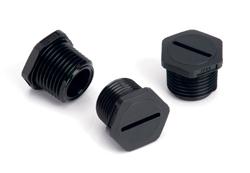 NPT THREADED PLUGS FEATURE HEX SHAPED HEAD WITH SLOT FOR EASY WRENCH OR SCREWDRIVER INSTALLATION